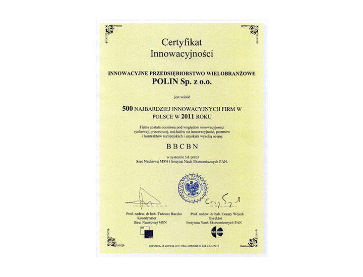 Certyfikat Innowacyjności 2011