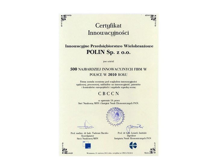 Certyfikat Innowacyjności 2010